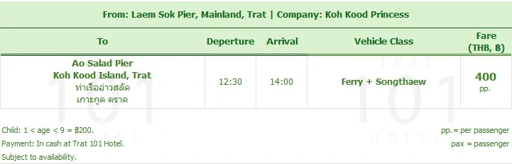 Timetable Koh Kood Princess Ferry Sea Transfer from Laem Sok Pier, Trat to Koh Kood Island, Ao Salad Pier