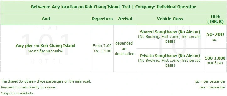 Timetable Ground Transfers on Koh Chang Island, Private, Share, Taxi, Songthaew Fare