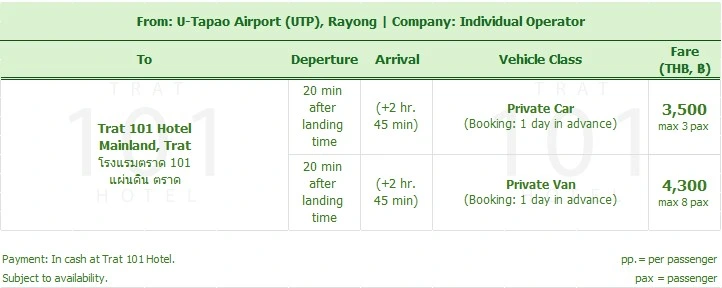 Timetable Airport Transfer from Trat City, Trat 101 Hotel to U-Tapao Airport (UTP) Rayong, Taxi, Car, Van, Private, Shuttle